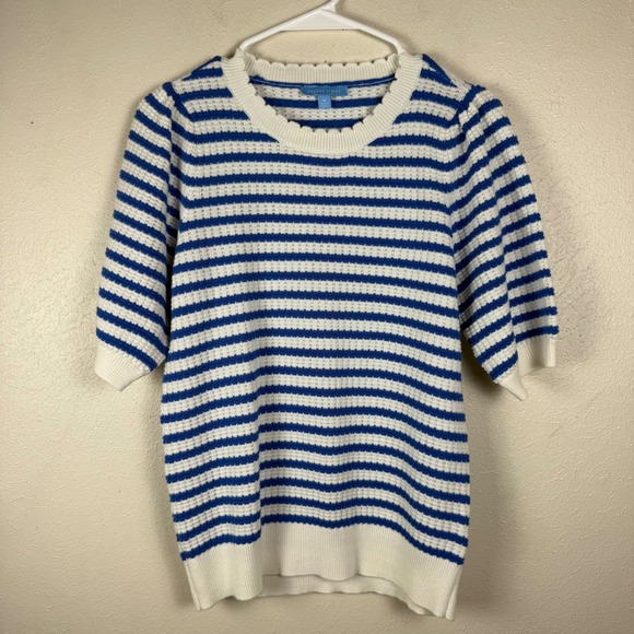 Draper James Sweaters - Draper James Blue White Striped Scalloped Neck Short Sleeve Sweater Womens Med